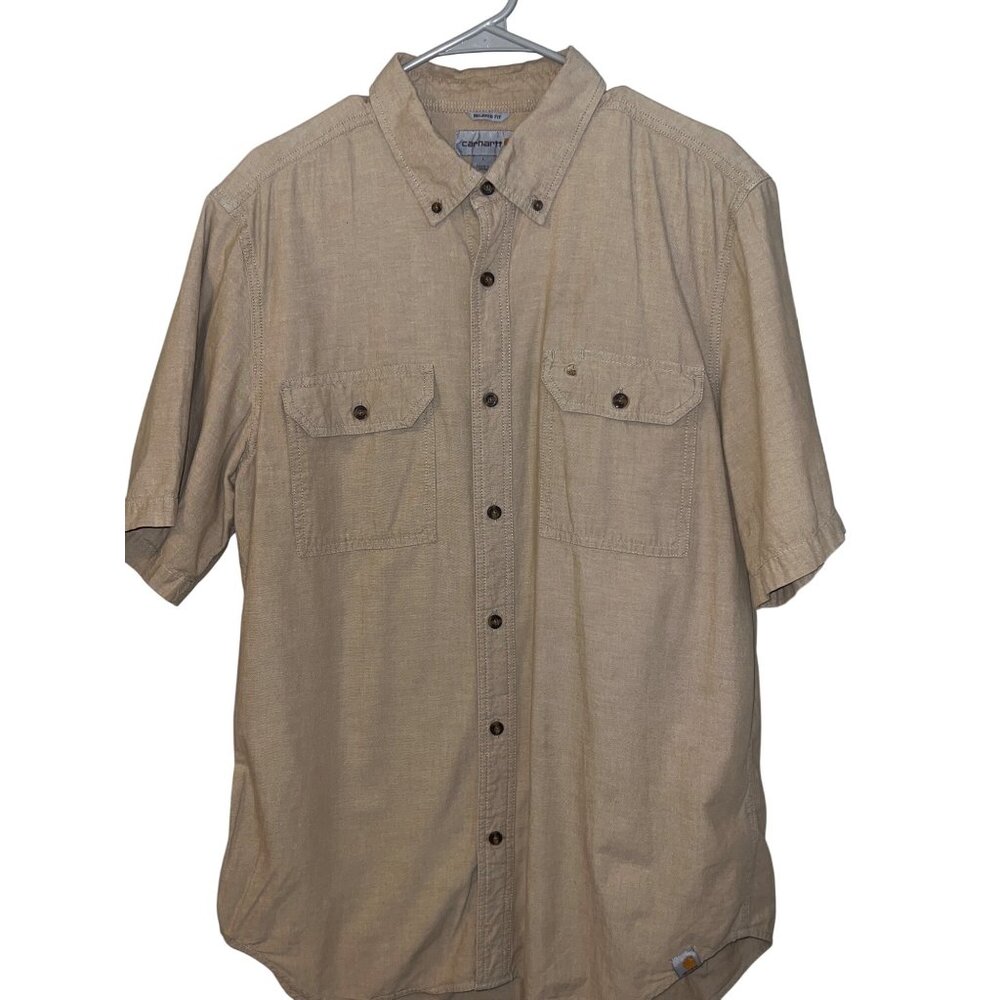 Carhartt Short Sleeve Button-Up Shirt - L Regular - Tan 100% Cotton Workwear